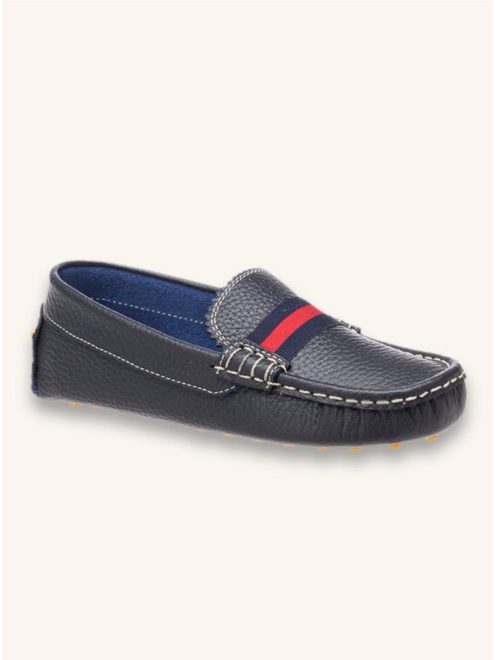 Kids Navy Leather Slip-On Loafers with Red Stripe